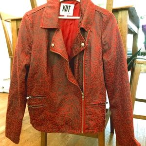 Red leopard faux leather moto motorcycle jacket